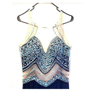 Long blue gown with deep slit on the left leg